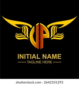 VP Golden Wing Emblem Logo with elegant gold wings, sleek and modern design. Ideal for branding, creative projects, luxury businesses, or artistic ventures.