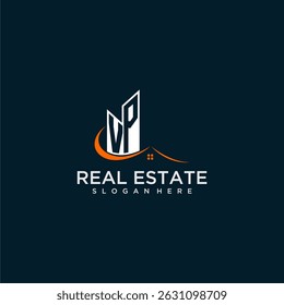 VP inicial monograma edifício e logotipo do telhado para imóveis com design criativo círculo estilo