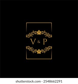 Decoração do monograma inicial do VP para o logotipo do casamento com a linha quadrada criativa
