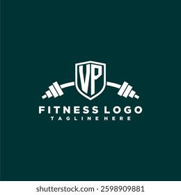 VP initial monogram for fitnes or gym logo with creative shield and barbell design