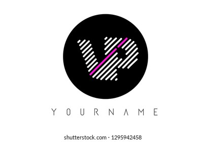 VP Letter Logo Design with White Lines and Black Circle Vector Illustration