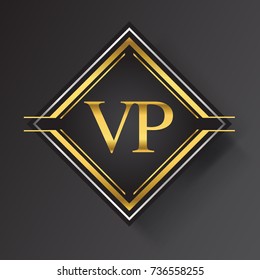VP Letter logo in a square shape gold and silver colored geometric ornaments.