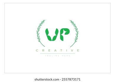 VP letters eco logo with leaf. Fresh nature and healthy leaf logo design.