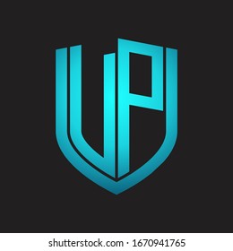 VP Logo monogram with emblem shield design isolated with blue colors on black background