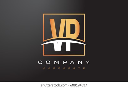 VP V P Golden Letter Logo Design with Swoosh and Rectangle Square Box Vector Design.