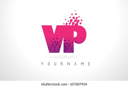 VP V P Letter Logo with Pink Letters and Purple Color Particles Dots Design.