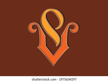 VP Victorian monogram. logotype in retro stile with lino cut effect.