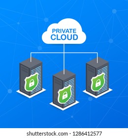 VPC. Private cloud within a company icon of secure data store hand managing. Vector stock illustration.