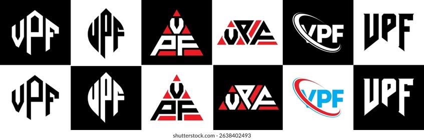 VPF letter logo design in six style. VPF polygon, circle, triangle, hexagon, flat and simple style with black and white color variation letter logo set in one artboard. VPF minimalist and classic logo