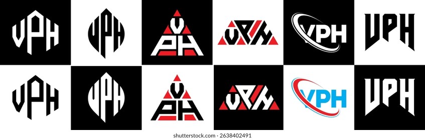 VPH letter logo design in six style. VPH polygon, circle, triangle, hexagon, flat and simple style with black and white color variation letter logo set in one artboard. VPH minimalist and classic logo