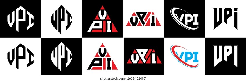 VPI letter logo design in six style. VPI polygon, circle, triangle, hexagon, flat and simple style with black and white color variation letter logo set in one artboard. VPI minimalist and classic logo