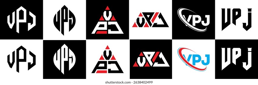 VPJ letter logo design in six style. VPJ polygon, circle, triangle, hexagon, flat and simple style with black and white color variation letter logo set in one artboard. VPJ minimalist and classic logo