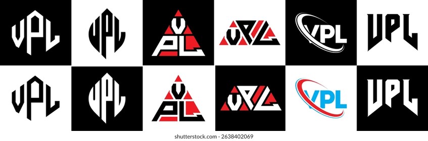 VPL letter logo design in six style. VPL polygon, circle, triangle, hexagon, flat and simple style with black and white color variation letter logo set in one artboard. VPL minimalist and classic logo