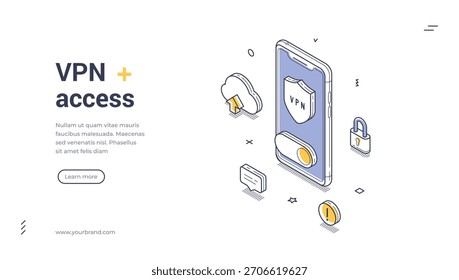 Concepto de tecnología de protección de privacidad y seguridad de Internet de acceso VPN con bloqueo de escudo de teléfono inteligente y Plantilla de Vector de Anuncio de Web isométrico en la nube para la aplicación de Sitio web ui ux design