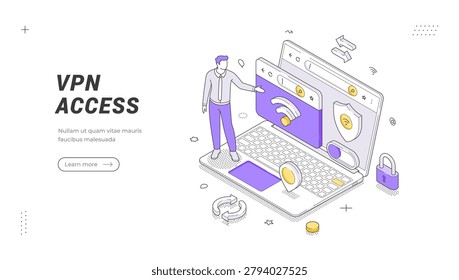 VPN access isometric banner template. Vector illustration for secure internet connection and data privacy. Concept for cybersecurity, private network, and anonymous browsing with a laptop