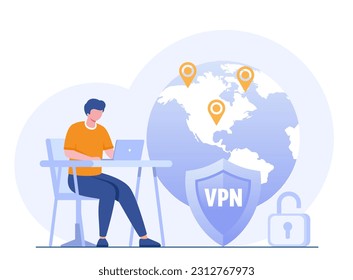 Acceso VPN. VPN para proteger datos personales en smartphone y computadora. Red privada virtual. Conexión de red segura y protección de la privacidad. banner de ilustración de vector plano