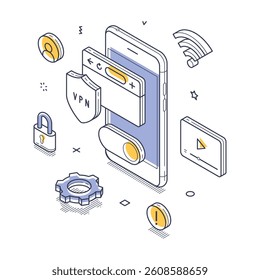VPN access technology concept. Design presents a smartphone surrounded by elements representing digital security. Modern isometric line vector illustration