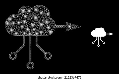 VPN cloud icon and glare mesh VPN cloud model with glowing light spots. Illuminated model is created using VPN cloud vector icon and polygonal mesh. Constellation frame VPN cloud,