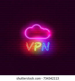 VPN. Cloud. Neon sign, bright signboard, light banner. Virtual Private Network. Internet service