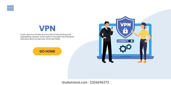 VPN for computer or smartphone. User protecting personal data with VPN service. Concept of virtual private network, сyber security, secure web traffic, data protection. Vector illustration