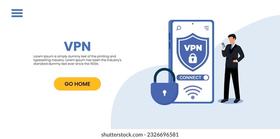 VPN for computer or smartphone. User protecting personal data with VPN service. Concept of virtual private network, сyber security, secure web traffic, data protection. Vector illustration