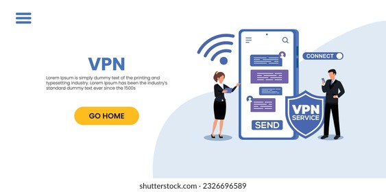 VPN for computer or smartphone. User protecting personal data with VPN service. Concept of virtual private network, сyber security, secure web traffic, data protection. Vector illustration