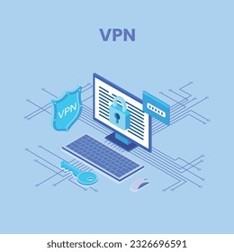VPN for computer or smartphone. User protecting personal data with VPN service. Concept of virtual private network, сyber security, secure web traffic, data protection. Vector illustration