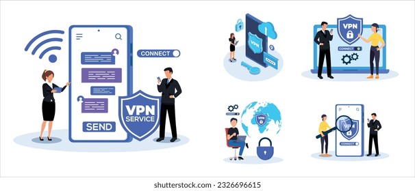 VPN para computadora o smartphone. El usuario protege datos personales con el servicio VPN. Concepto de red privada virtual, seguridad с, tráfico web seguro, protección de datos. Ilustración del vector