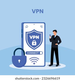 VPN for computer or smartphone. User protecting personal data with VPN service. Concept of virtual private network, сyber security, secure web traffic, data protection. Vector illustration