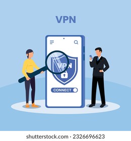 VPN for computer or smartphone. User protecting personal data with VPN service. Concept of virtual private network, сyber security, secure web traffic, data protection. Vector illustration