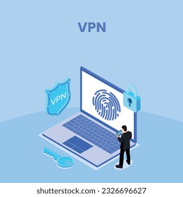 VPN para computadora o smartphone. El usuario protege datos personales con el servicio VPN. Concepto de red privada virtual, seguridad с, tráfico web seguro, protección de datos. Ilustración del vector