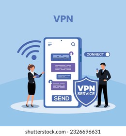 VPN for computer or smartphone. User protecting personal data with VPN service. Concept of virtual private network, сyber security, secure web traffic, data protection. Vector illustration