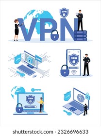 VPN für Computer oder Smartphone. Benutzer, der personenbezogene Daten mit VPN-Dienst schützt. Konzept des virtuellen privaten Netzwerks, der Sicherheit с Yber, des sicheren Webverkehrs, des Datenschutzes. Vektorgrafik