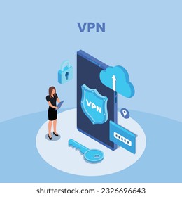 VPN for computer or smartphone. User protecting personal data with VPN service. Concept of virtual private network, сyber security, secure web traffic, data protection. Vector illustration