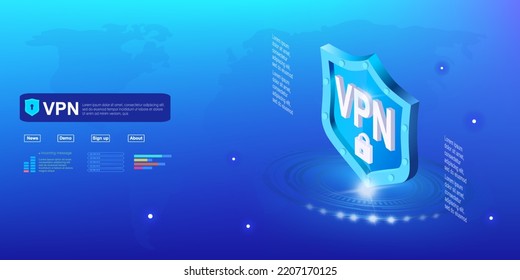 VPN Concept Banner. Futuristic Shield With A Hologram And VPN Inscription. Protection And Security Of Digital Data. Cybersecurity Of Virtual Data. VPN Logo. Virtual Network Blocking