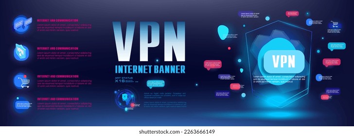 Banner de concepto de VPN. Protección y seguridad de los datos electrónicos mediante protección. Bloquear la red virtual y los datos personales. Internet de próxima generación con protección de datos