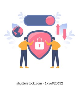VPN concept, data protection, internet security. illustration of people using shields to protect data in cyberspace. flat designs. can be used for elements, landing pages, UI, web sites.