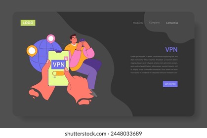 VPN concept. Man blissfully connects to global networks using mobile. Hand toggles VPN for privacy. Surfing safely with global pins. Flat vector illustration.