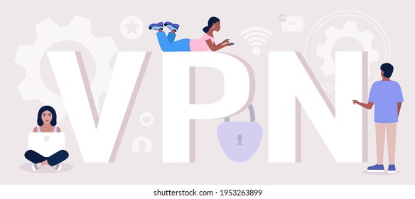 Concepto de VPN. Personas que usan VPN. Comunicación en redes sociales, reunión en línea, videollamada.  La gente usa internet de alta velocidad 5G. Ilustración vectorial en un estilo plano