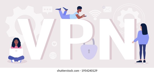 VPN-Konzept. Menschen, die VPN verwenden. Kommunikation in sozialen Netzwerken, Online-Treffen, Videoanruf.  Die Leute nutzen das Hochgeschwindigkeits-Internet 5G. Vektorgrafik im Flachstil