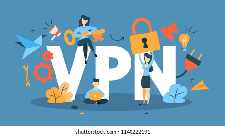 VPN concept. Using internet via virtual private network. Modern technology and virtual life. Idea of privacy in the internet. Flat vector illustration