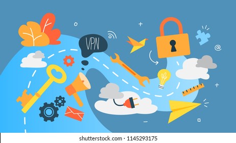 VPN concept. Using internet via virtual private network. Modern technology and virtual life. Idea of privacy in the internet. Isolated abstract vector illustration