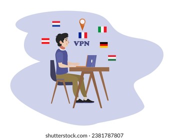 VPN concept. Virtual private network application. Man using vpn on the computer. Flat vector design illustration.