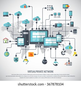 VPN concept - Virtual Private Network background with detailed world map and 24 VPN editable vector icons for video, mobile apps, Web sites and print projects.