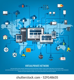 Concepto de VPN: fondo de red privada virtual con mapa mundial detallado y 24 iconos vectoriales editables de VPN para vídeo, aplicaciones móviles, sitios Web y proyectos de impresión.