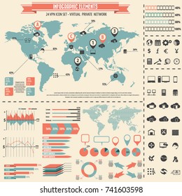VPN concept - Virtual Private Network background with detailed world map and 24 VPN editable vector icons for video, mobile apps, Web sites and print projects.