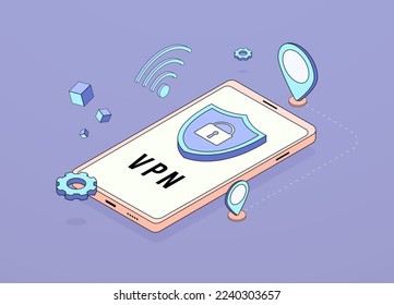 VPN connection concept. Virtual private network application. Mobile security internet connection - vpn network sign logo on the smartphone screen. Flat design outline isometric vector illustration
