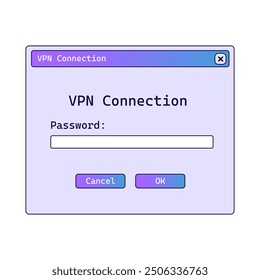 Vpn connection window with gradient. Registration panel in old style. Safety connection software.