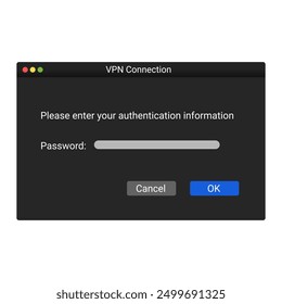 VPN connection window. Registration on vpn server. Modern sing up panel on screen.