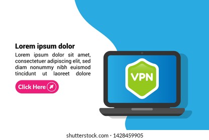 VPN connectivity banner. Secure virtual private network connection concept. laptop and shield.